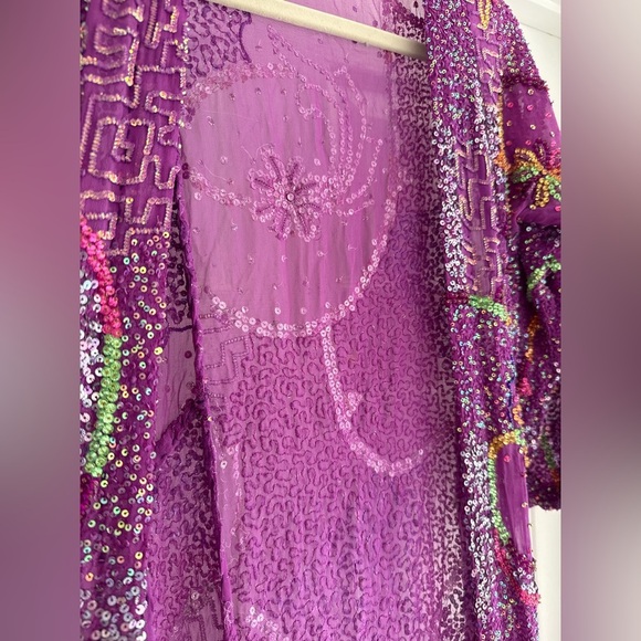 VINTAGE Hand Beaded Sequin Duster Coat Purple Sheer Maxi Evening Glam S/M - Picture 7 of 13